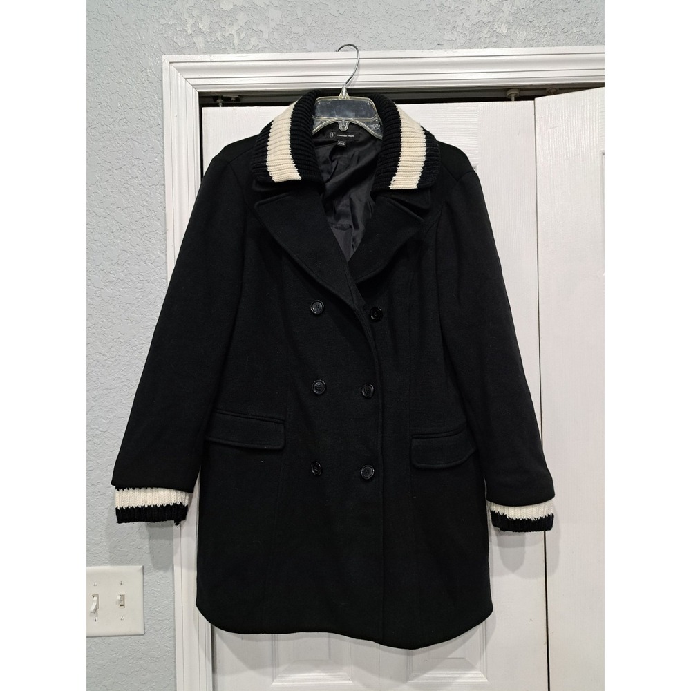 INC International Concepts Women Pea Coat XL Black Cotton Jersey Contrast Collar